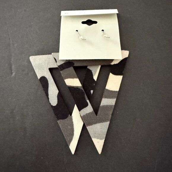NOC Geometric Black Camouflage Triangle Wooden Fabric Drop Earrings Lightweight - Picture 2 of 3